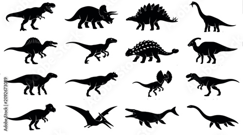 Photos Dinosaur Species Silhouette Collection Set with Tyrannosaurus Triceratops Stegosaurus Velociraptor Brachiosaurus Pteranodon Mosasaurus and Prehistoric Reptiles,  prehistoric, jurassic, cretaceous