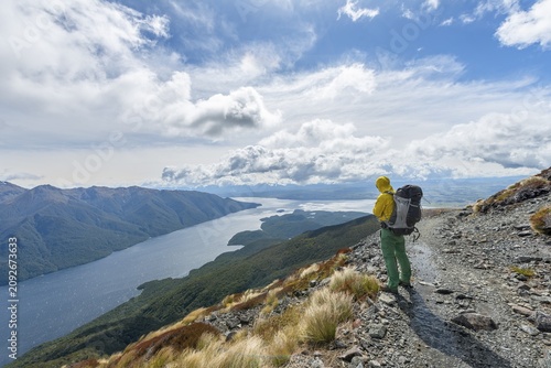 Hiker looks out over the South Fiord of Lake Te Anau, Murchison Mountains, Kepler Track, Great Walk, Fiordland National Park, Southland, New Zealand