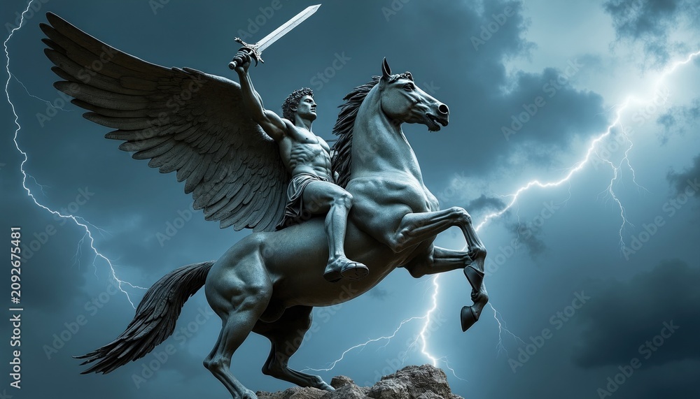 Obraz premium Mythological hero Perseus rides winged horse Pegasus raising sword. Dramatic stormy sky with lightning strikes. Sculpture evokes power and mythic legend.