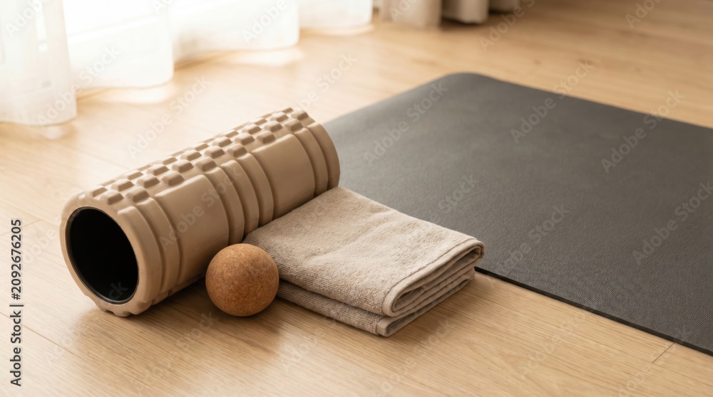 Fototapeta premium Fitness recovery equipment including textured foam roller cork massage ball and towel on black yoga mat