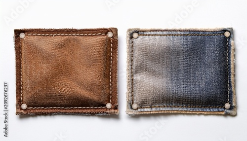 Isolated Photo Of Brown And Gray Colored Denim Patches With Stitch Bordering On White Background