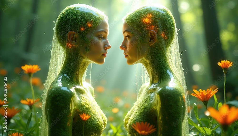 Obraz premium Two fantasy beings covered in moss and leaves stand in a sunlit forest with orange flowers. Their bodies glow with inner light and mist drapes them like veils.
