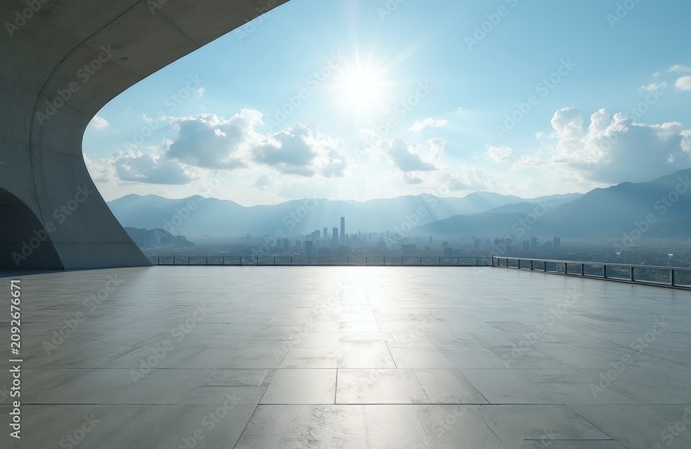 Fototapeta premium Modern architecture balcony overlooks distant city skyline and mountains under bright sun. Empty concrete plaza, railing edge, clear sky, hazy landscape background.