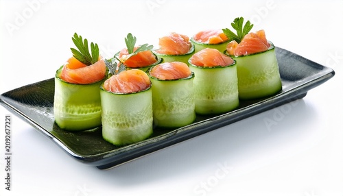 Cucumber Rolls Filled With Raw Salmon Fish Isolated On A White Background