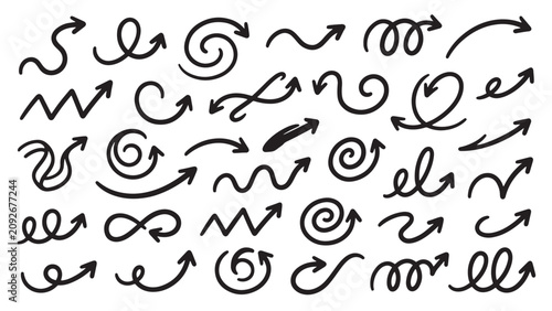 Cuadro en lienzo Large compact doodle arrow bundle thin line sketch black vector set
