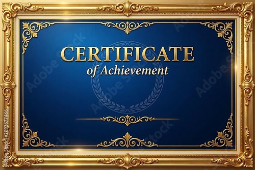 Regal certificate background with a deep royal blue gradient and ornate golden frame for official diplomas, awards, and luxury templates