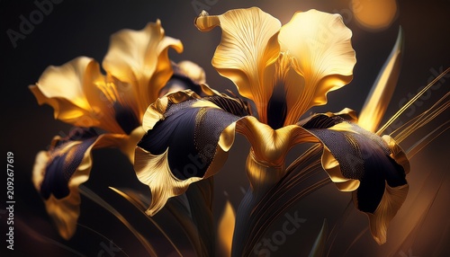 Fresh Spring Gold And Black Iris Flower Blooming With Blur Background Generative Ai
