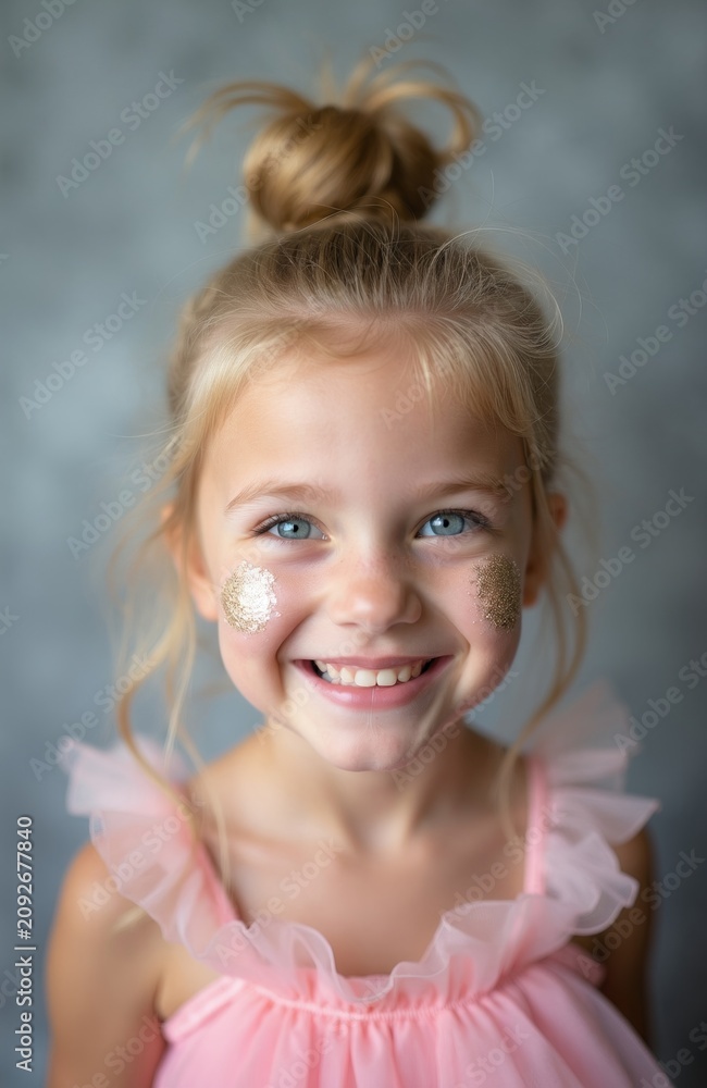 Obraz premium Blonde girl with blue eyes wears pink dress and has glitter on cheeks. She smiles happily at the camera with her hair in a bun. Studio portrait captures youthful joy and innocence.
