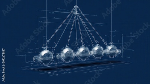Blueprint diagram of a pendulum cradle demonstrating momentum transfer. AI generated image