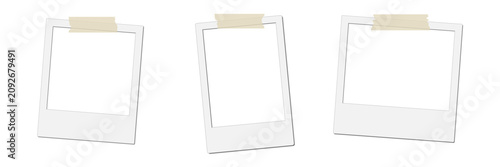 PNG instant photo frame, polaroid picture wall empty frames, realistic portrait blank film album mockup with adhesive tape shadow effect on transparent background