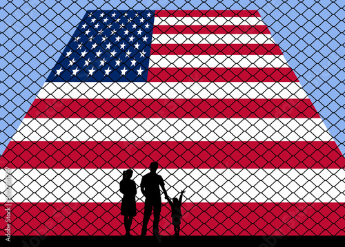 фотографія A family wanting to immigrate to the USA find access is denied by a border fence in this 3-d illustration