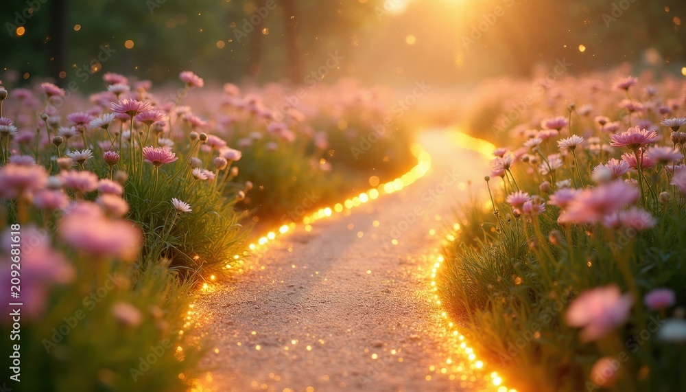 Obraz premium Glowing path through flower field with golden dust. Gentle sunlight illuminates blooming flora creating a magical, dreamy, and enchanting natural landscape scene.