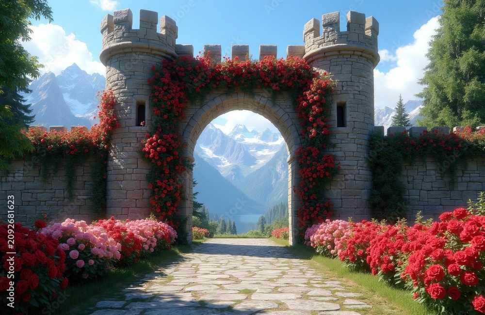 Obraz premium Stone castle gate adorned with red roses leads to mountain landscape with lake. Cobblestone path through gardens. Bright sunny day with blue sky and clouds.