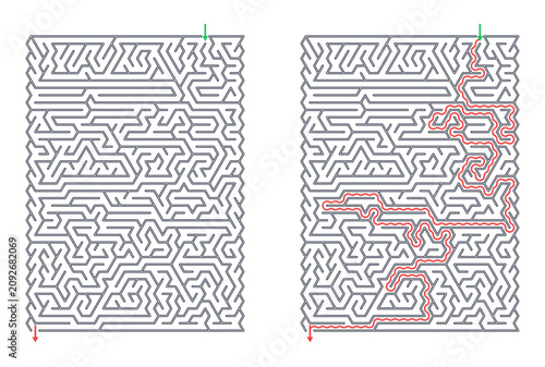 Rectangular maze for adults, medium difficulty printable logic game, find the way from start to exit, black and white line art, activity worksheet page with solution