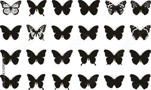 Set of various black butterfly silhouettes and icons