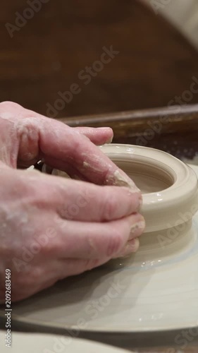 Close-up of muddy skilled hands shaping a wet clay ring on a spinning pottery wheel in an artisan ceramic workshop, representing handmade craft and creative art therapy process.