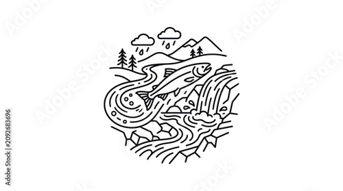 Salmon Leaping Upstream Through Waterfall in Nature.