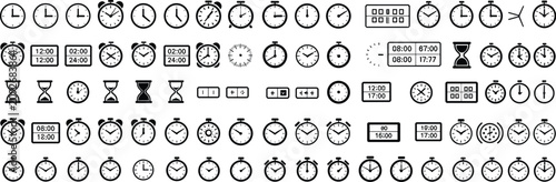 Minimalist clock icons collection vector set with alarms, stopwatches, and hourglasses