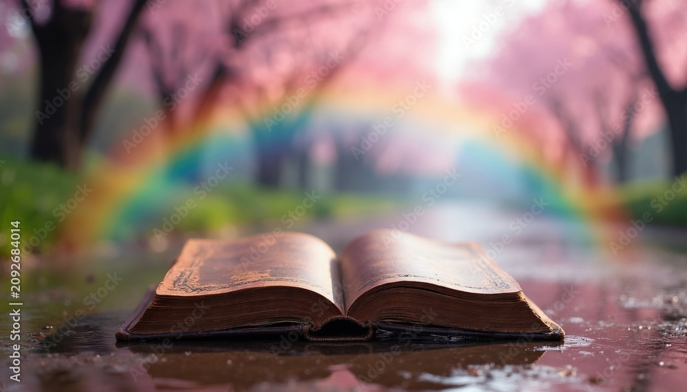 Obraz premium Open ancient book lies on wet ground under rainbow arc. Blooming trees form alley. Soft light shines. Fantasy story begins. Magic in literature. New chapter.