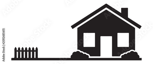 Simple house icon with picket fence and shrubbery real estate building residence property
