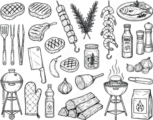 Barbecue grill and cooked meat sketch collection for culinary designs