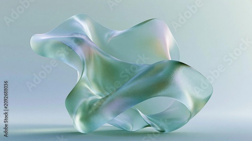 3d rendering of an abstract sculpture made of a shiny, metallic material. the sculpture is in the shape of a wave-like shape, with a light blue and green color scheme.