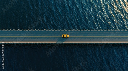 Stunning photo of A yellow car drives across a long bridge over blue water. Aerial travel imagery.
