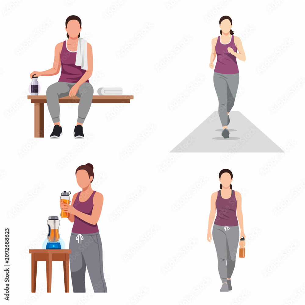 Fototapeta premium Woman Fitness Routine Set with Running, Resting, and Preparing Healthy Smoothie Illustrations