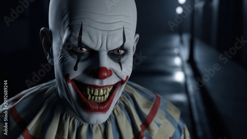 Creepy Clown Face Close-up, Scary Halloween Character with Grinning Teeth