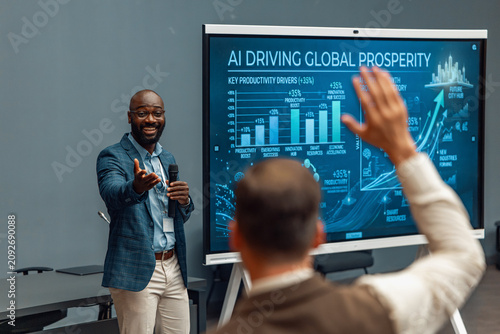 Business presenter engaging audience during AI-driven presentation on global prosperity and productivity growth