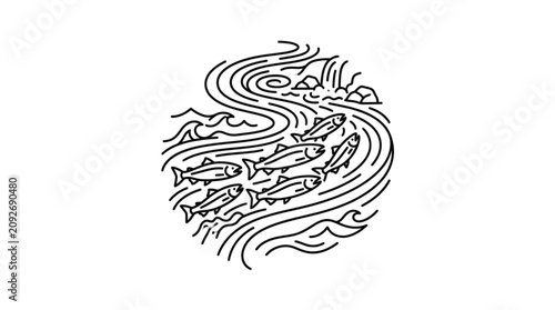 Bild auf Leinwand School of fish swimming upstream in a stylized river.