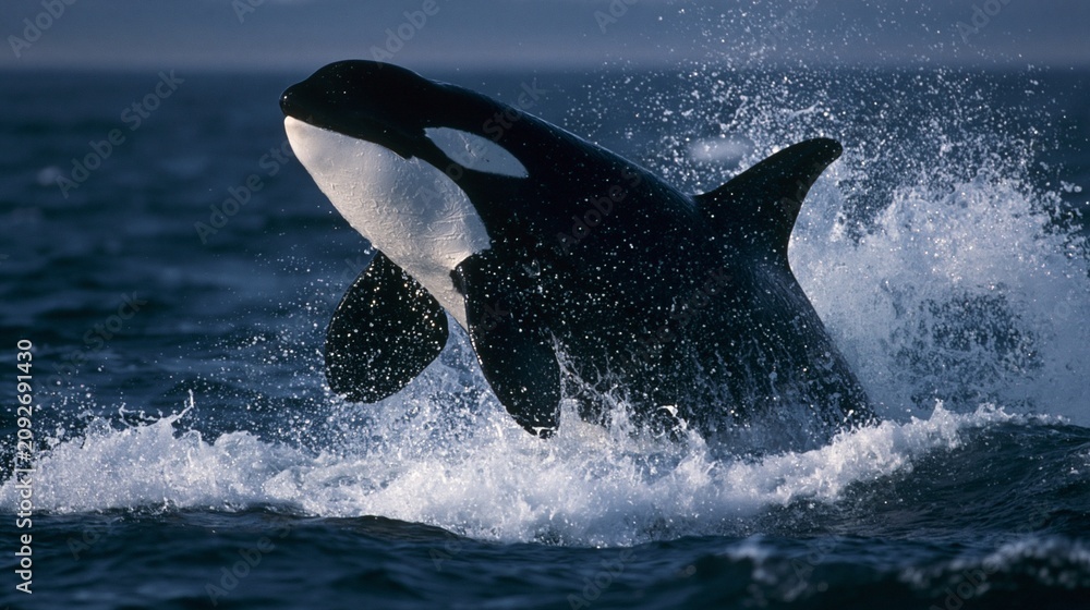 Fototapeta premium Orca whale breaching dramatic ocean waves wildlife action photograph