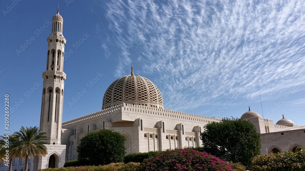 Obraz premium Exterior view of grand mosque with dome and tall minaret under blue sky
