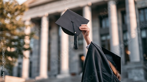 Graduate student celebrating with mortarboard cap raised outdoors in front of university building