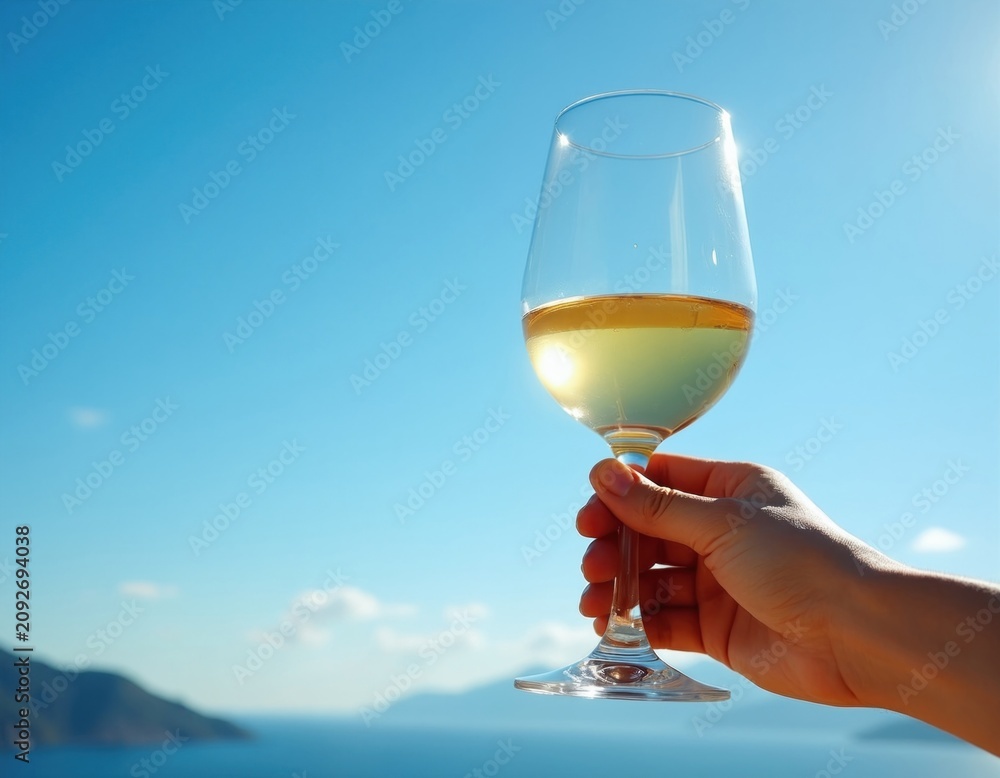 Obraz premium Hand holds glass with yellow wine against bright blue sky and sea. Sun shines reflecting in liquid. Hills visible on horizon. Enjoying vacation.