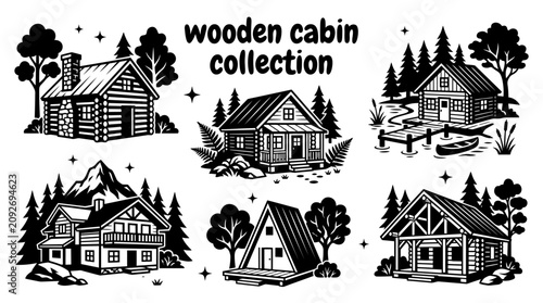 Tableau sur toile rustic wooden cabins featuring log houses forest cottages lakeside cabins mounta