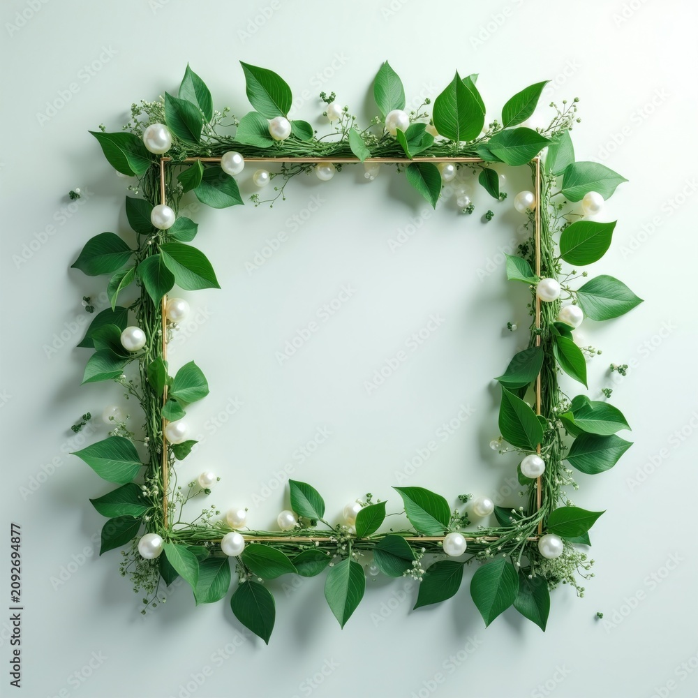 Fototapeta premium Square golden frame entwined with fresh green leaves and small white flowers. Delicate pearls adorn border. Empty space for text invites design.