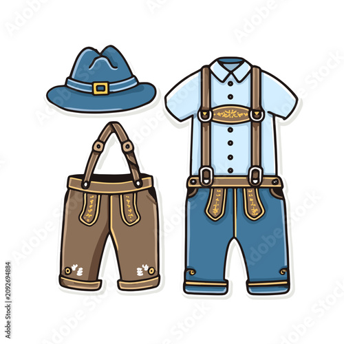 Foto Traditional Bavarian costume set featuring lederhosen shirt and hat perfect for