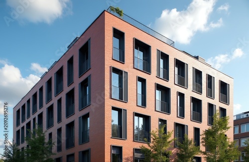 Modern brick building exterior in urban area with numerous windows and balconies. Contemporary architecture style with clean lines and dark frames. A rooftop garden adds plants to the top.