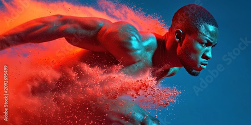 Dynamic Sprinter in Red and Blue Powder for Sports Marketing.

