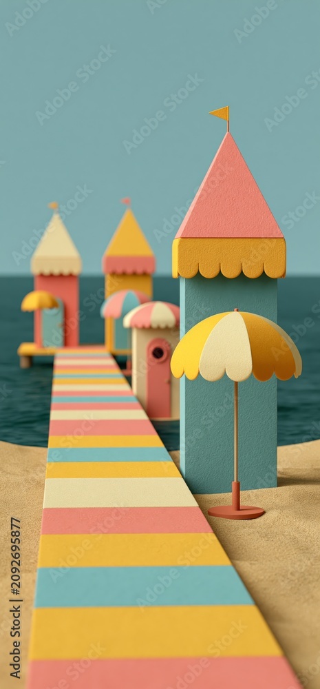 Fototapeta premium Colorful beach pier with umbrellas on summer day. Miniature boardwalk extending into the sea with striped umbrellas under a clear sky
