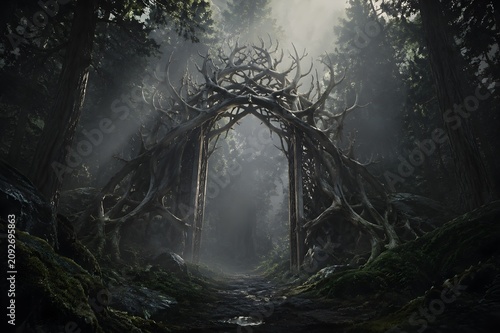 Intertwined deer antler gate standing in forgotten mythical forest with mysterious fantasy atmosphere visual visual