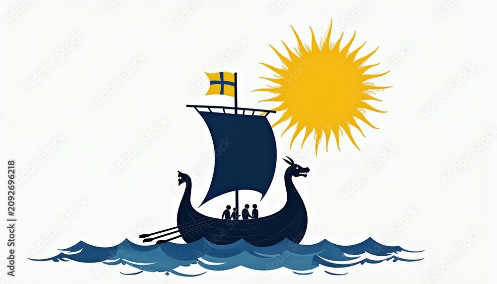 Fototapeta premium Viking ship with Swedish flag sails towards bright sun over blue waves. Minimalist graphic art represents Nordic journey, history, and culture.