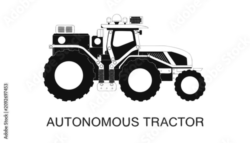 Tableau sur toile Very beautiful black and white realistic vector illustration of an autonomous tractor featuring clean mechanical linework and bold label reading AUTONOMOUS TRACTOR, isolated on white background