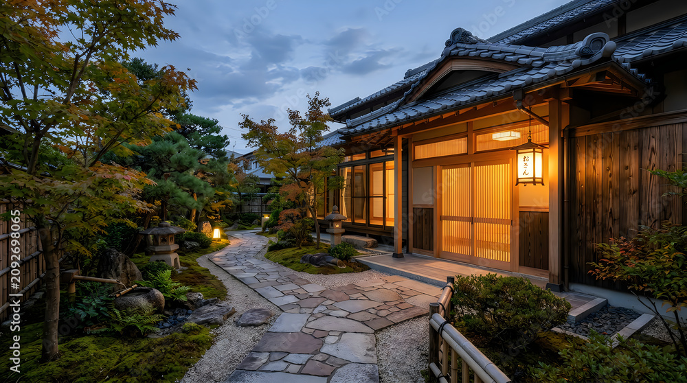 Fototapeta premium Traditional japanese house with warm lighting in a serene garden path at dusk