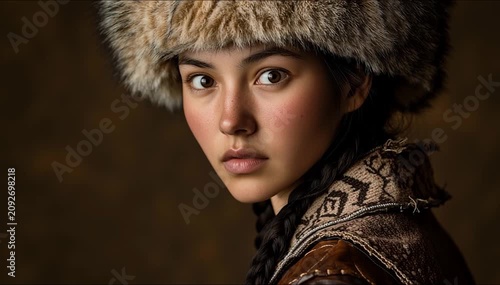 CLOSE UP PORTRAIT OF A PROUD YOUNG KAZAKH WOMAN LOOKING OVER HER SHOULDER WEARING A TRADITIONAL WINTER FUR HAT