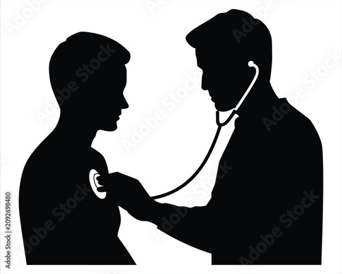 Tablou pe pânză Silhouette of a doctor using a stethoscope to examine a patient isolated on a wh