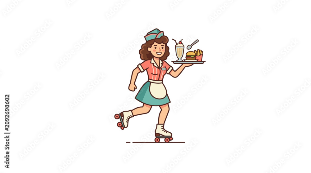 Fototapeta premium Retro Roller Skating Waitress Serving Drinks and Food.
