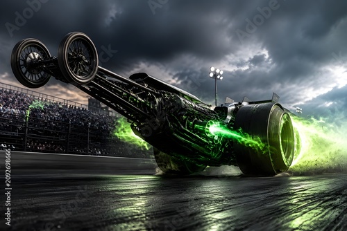Cybernetic dragster performing wheelie with electromagnetic wheels and green plasma racing energy effects visual visual