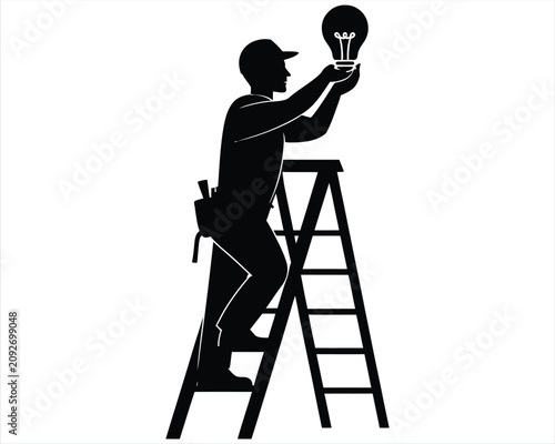 Silhouette of a professional worker changing a light bulb on a ladder isolated on transparent background